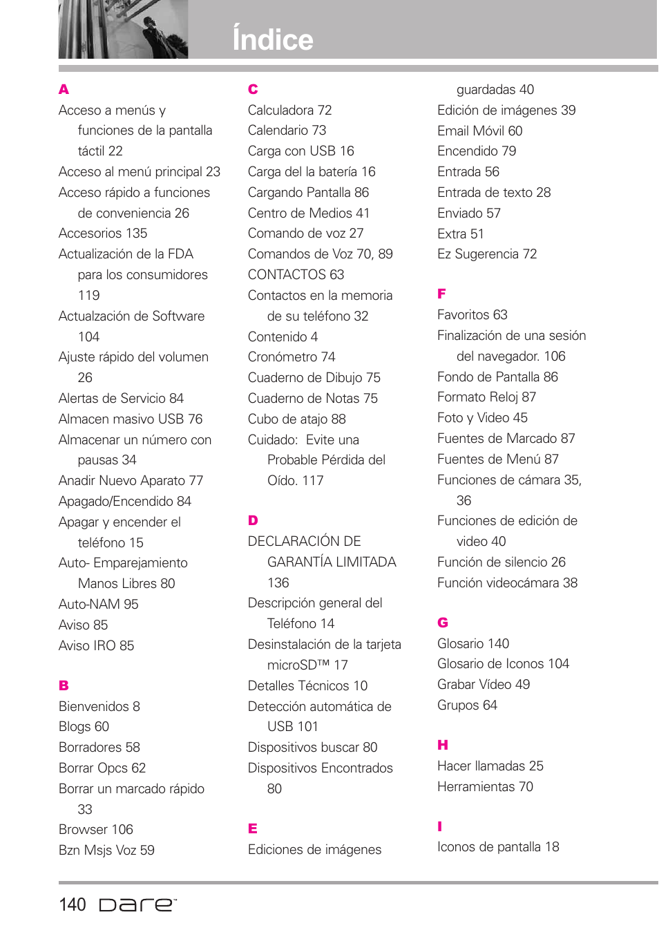 Índice | LG Dare User Manual | Page 271 / 273
