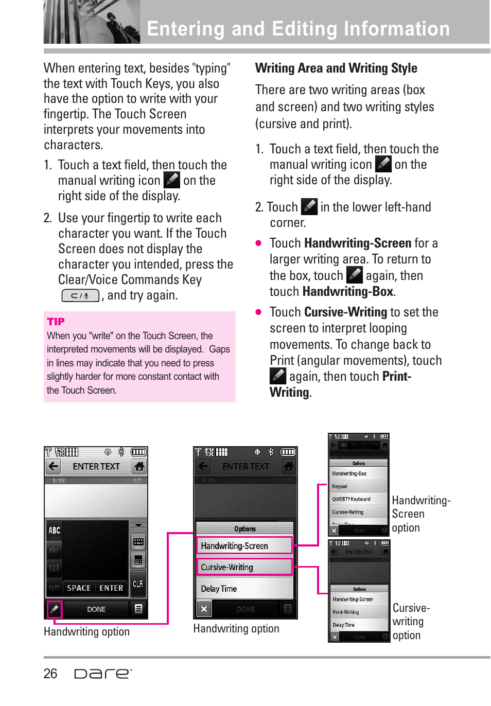 Entering and editing information | LG Dare User Manual | Page 28 / 273