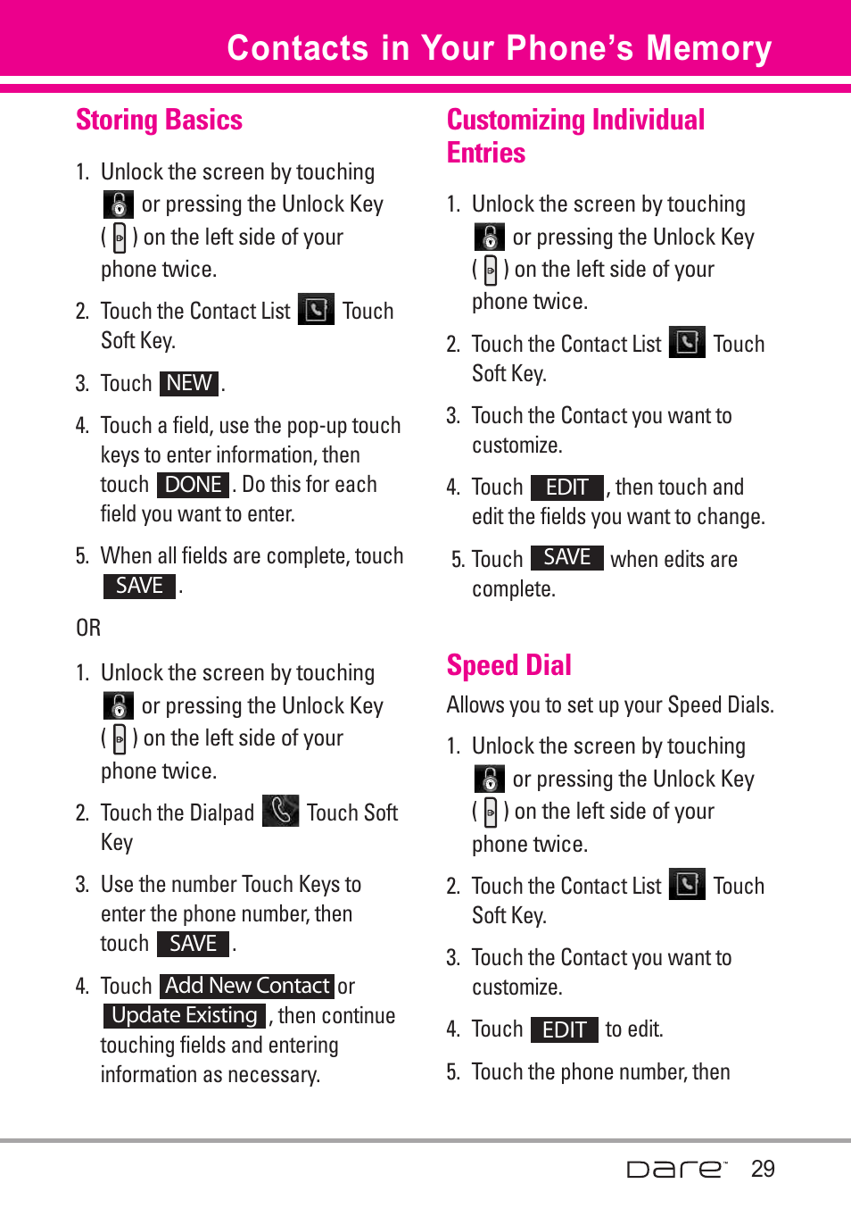 Customizing individual entries, Speed dial, Storing basics | LG Dare User Manual | Page 31 / 273