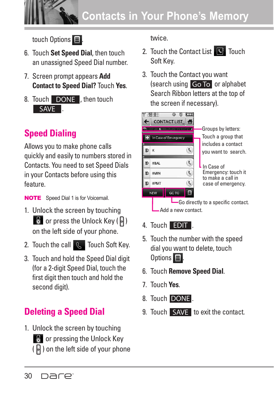 Contacts in your phone? memo, Speed dialing, Deleting a speed dial | Contacts in your phone’s memory | LG Dare User Manual | Page 32 / 273