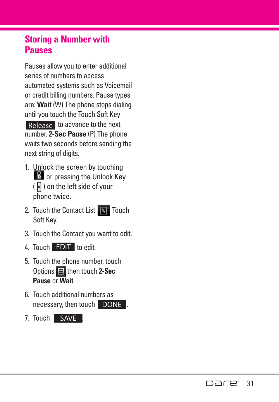 Storing a number with pauses | LG Dare User Manual | Page 33 / 273