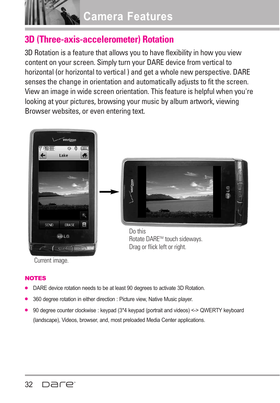 3d (three-axis-accelerometer, Pauses3d (three-axis- accelerometer) rotation, Camera features | 3d (three-axis-accelerometer) rotation | LG Dare User Manual | Page 34 / 273