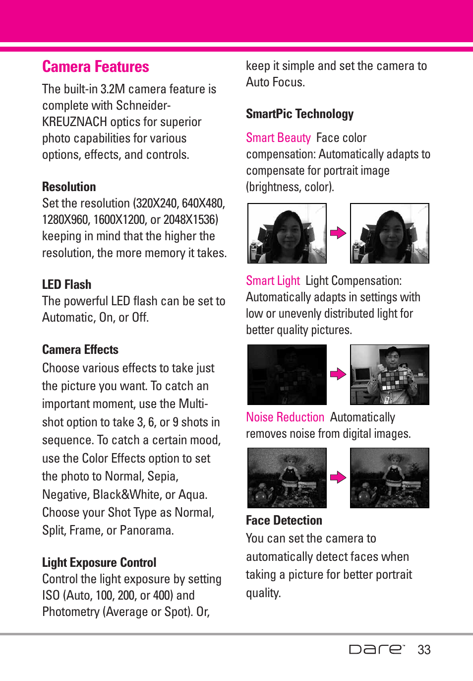 Camera features, Resolution, Led flash | Camera effects, Light exposure control, Smartpic technology, Face detection | LG Dare User Manual | Page 35 / 273