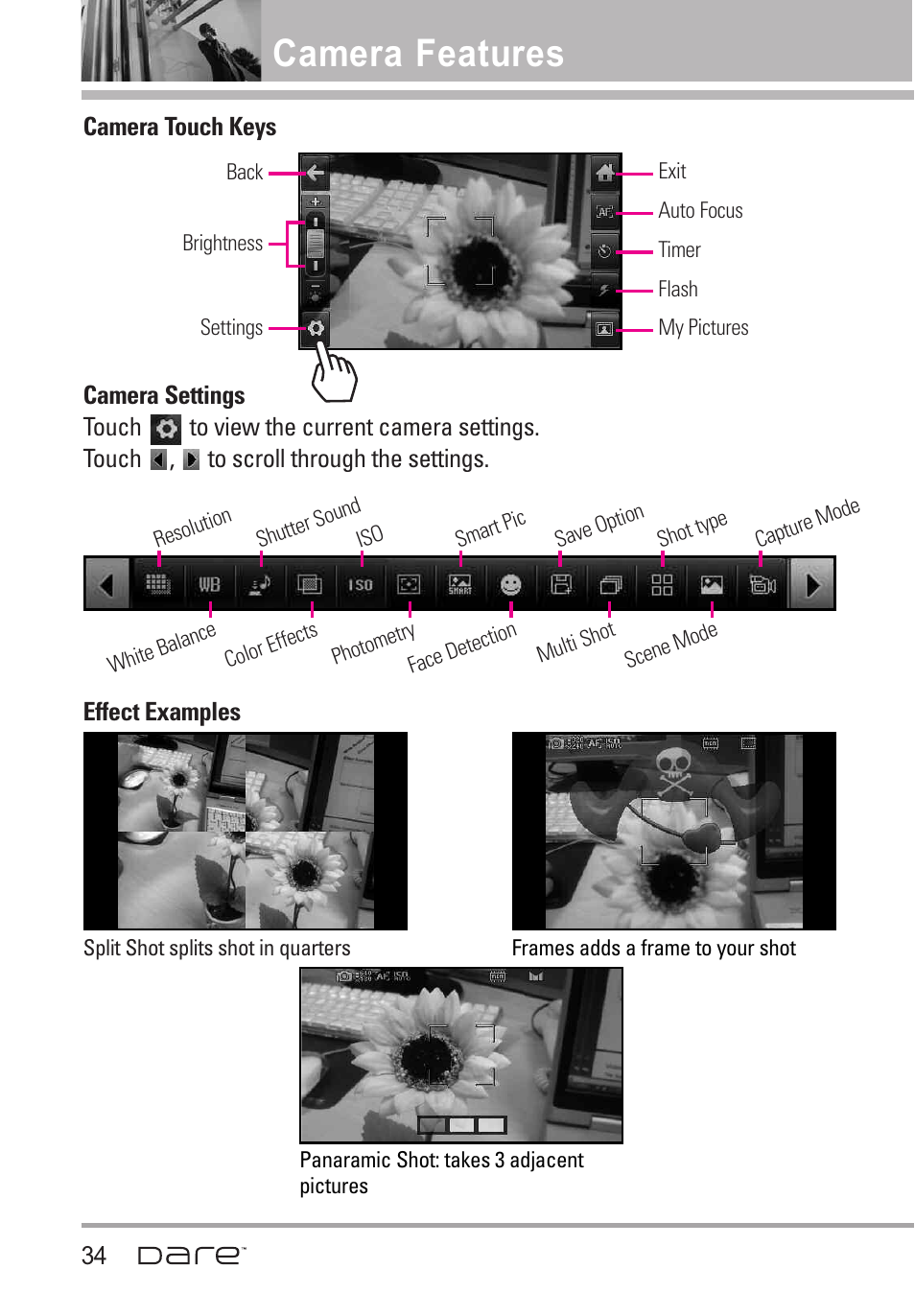 Camera touch keys, Camera settings, Effect examples | Camera features | LG Dare User Manual | Page 36 / 273