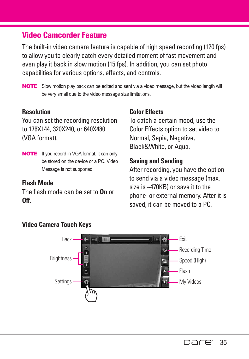 Video camcorder feature, Resolution, Flash mode | Saving and sending, Video camera touch keys | LG Dare User Manual | Page 37 / 273