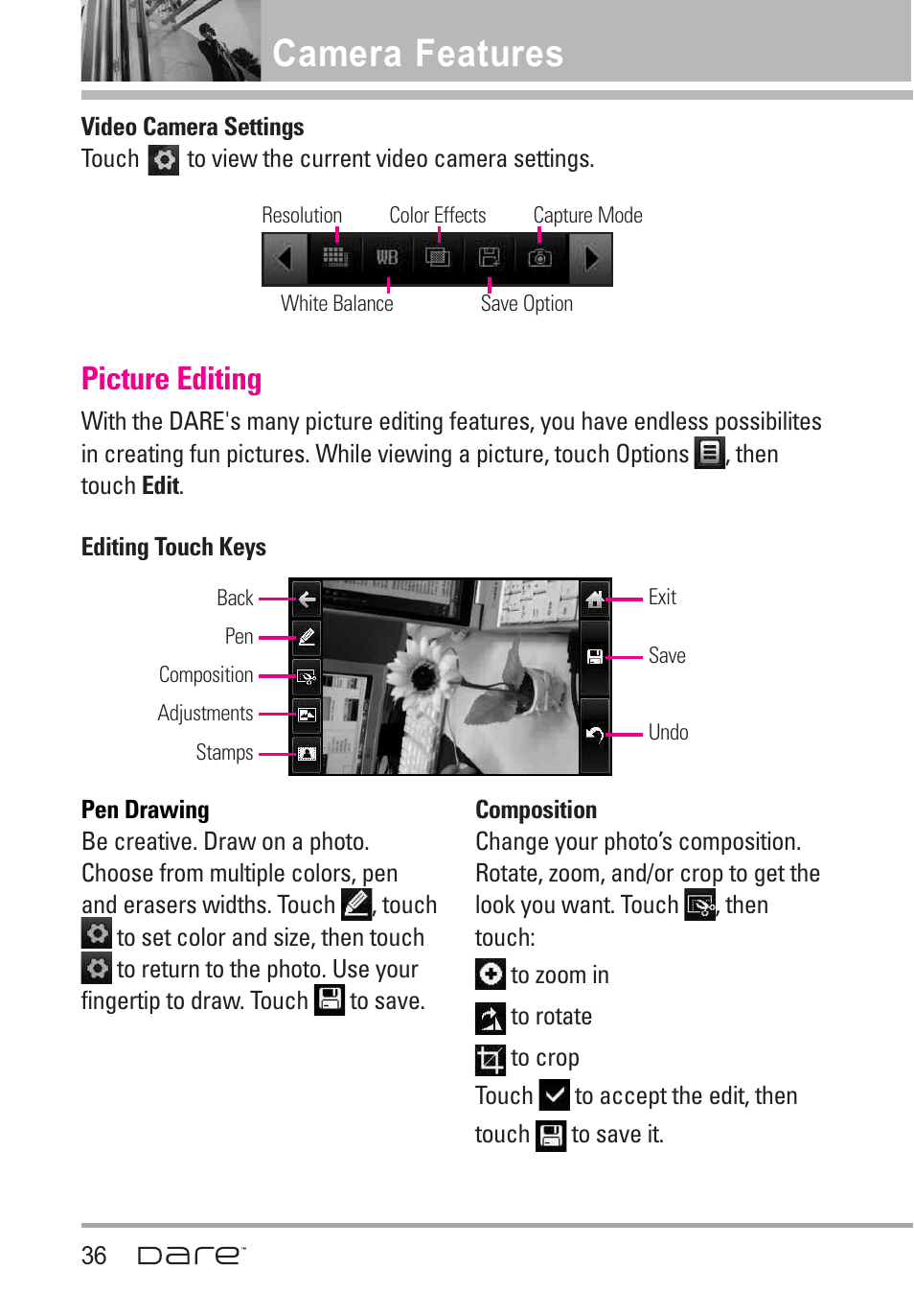 Video camera settings, Picture editing, Editing touch keys | Pen drawing, Composition, Camera features | LG Dare User Manual | Page 38 / 273