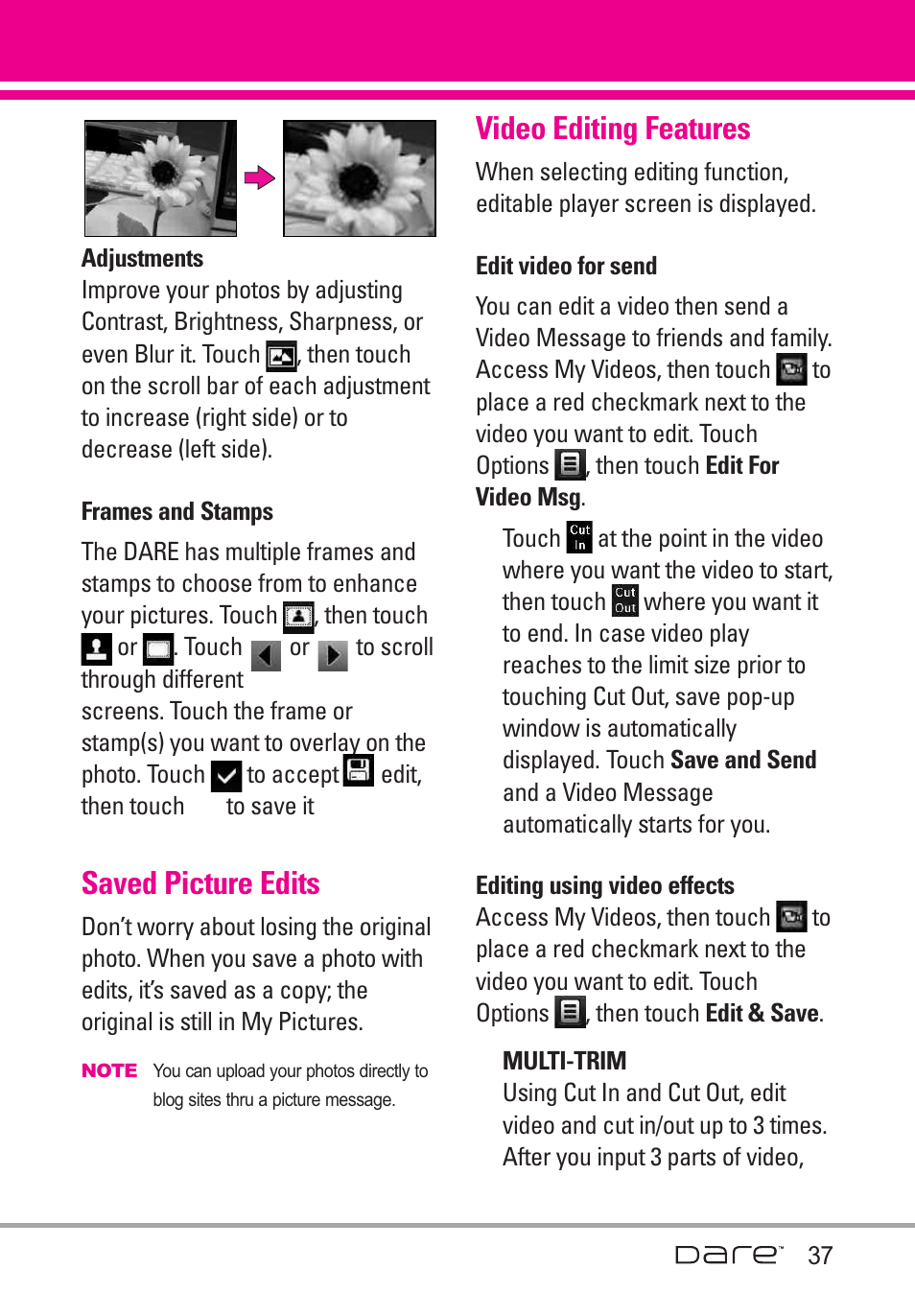 Adjustments, Frames and stamps, Saved picture edits | Video editing features, Edit video for send, Editing using video effects | LG Dare User Manual | Page 39 / 273