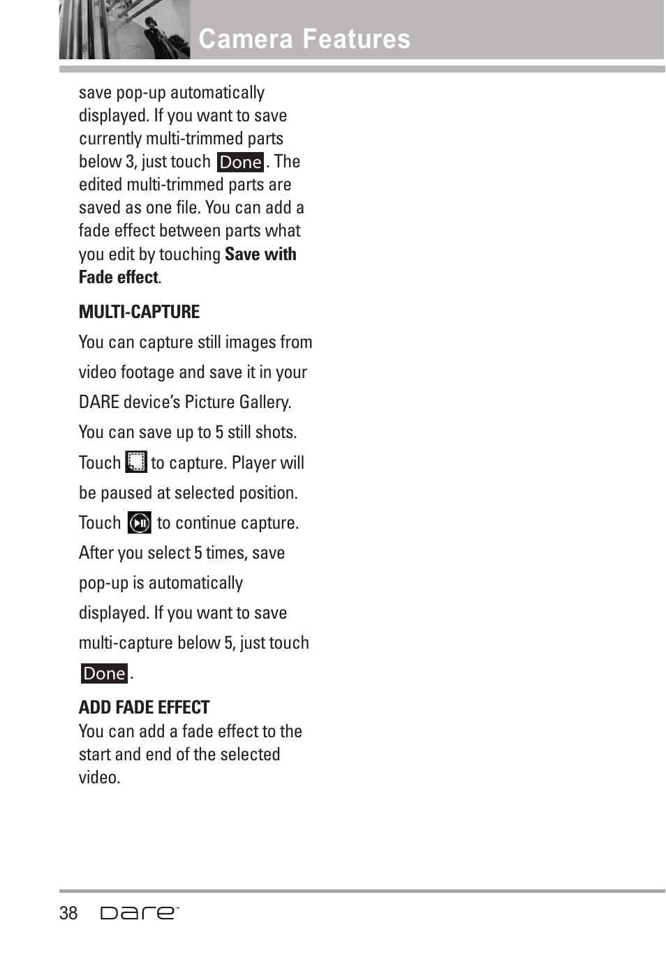 Camera features | LG Dare User Manual | Page 40 / 273