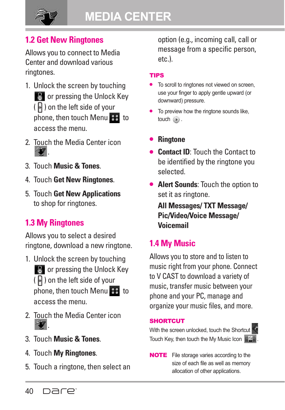 2 get new ringtones, 3 my ringtones, 4 my music | Media center | LG Dare User Manual | Page 42 / 273