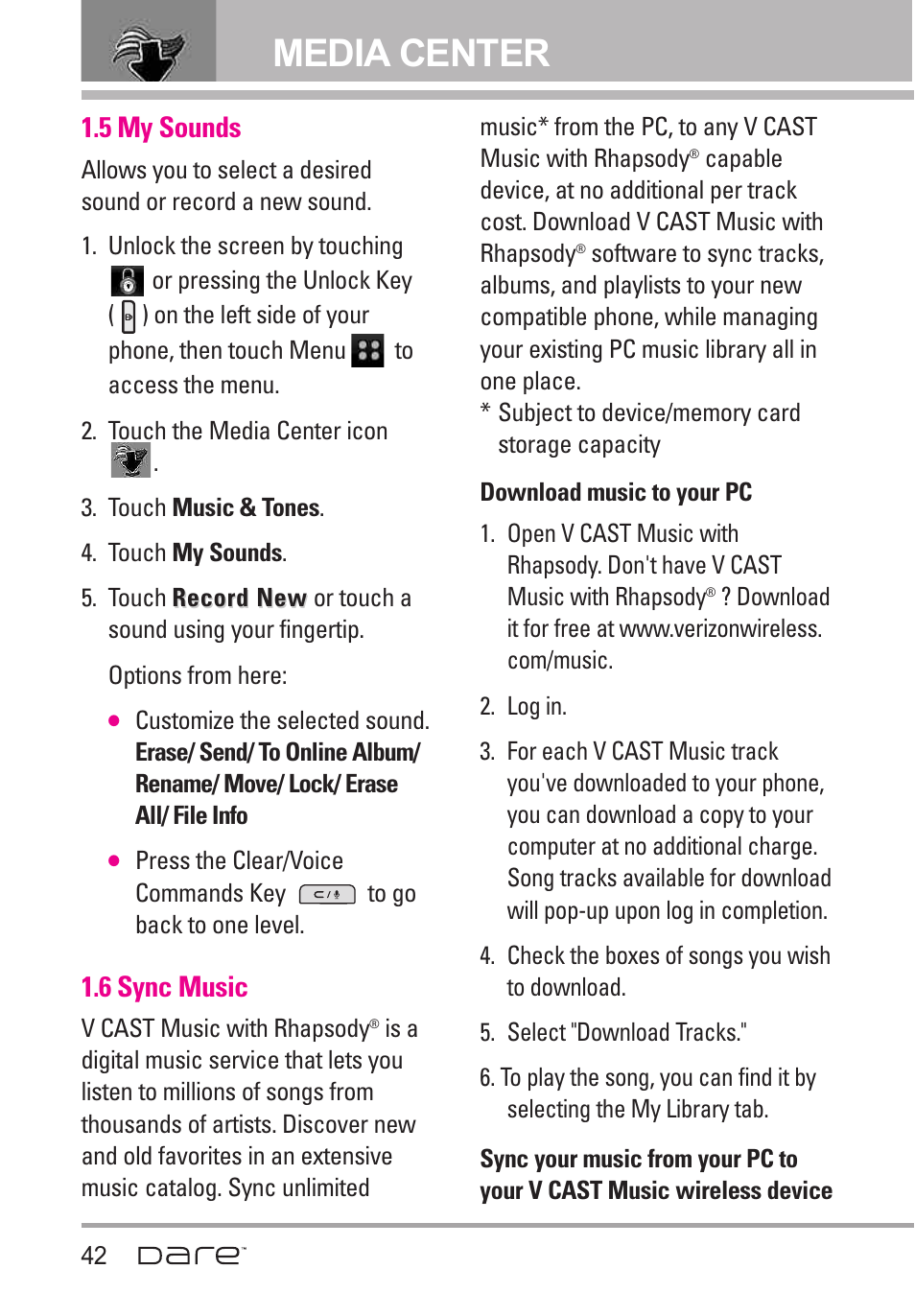 5 my sounds, 6 sync music, Media center | LG Dare User Manual | Page 44 / 273