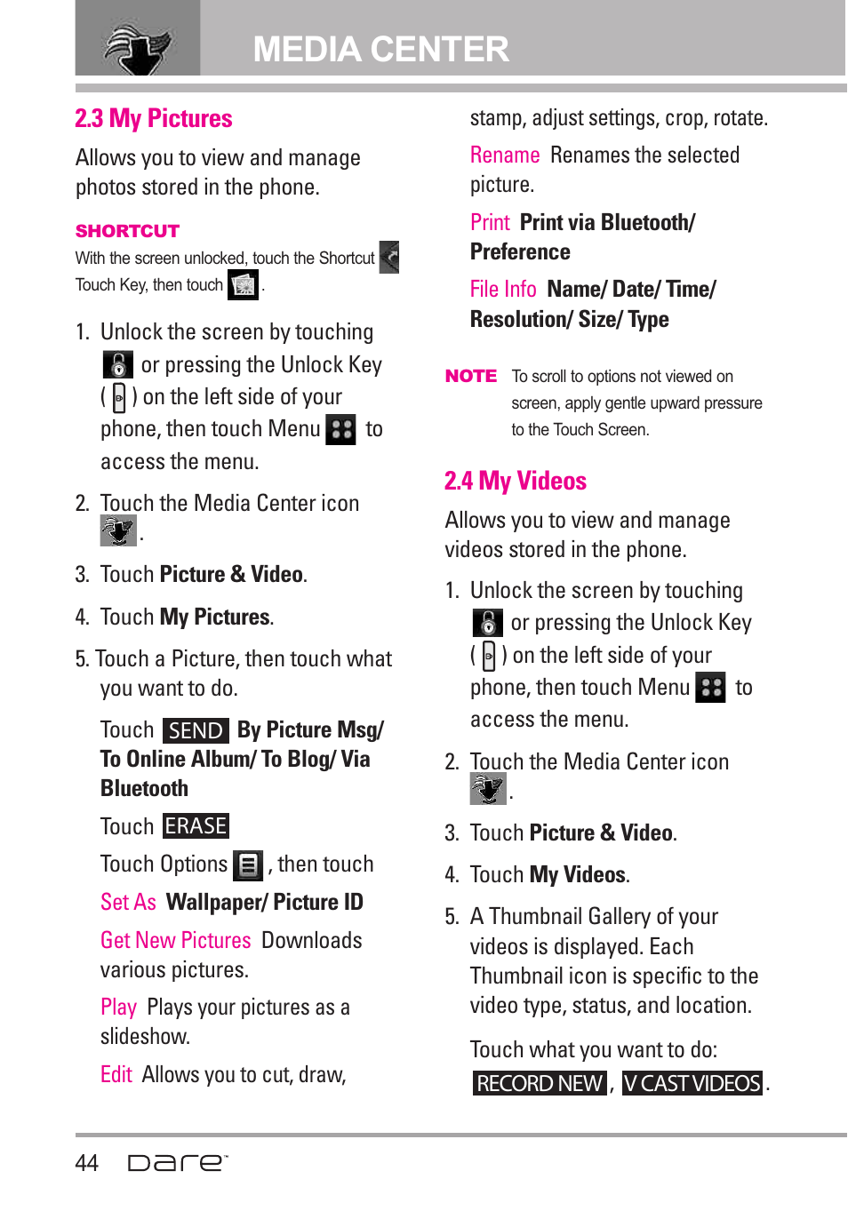 3 my pictures, 4 my videos, Media center | LG Dare User Manual | Page 46 / 273