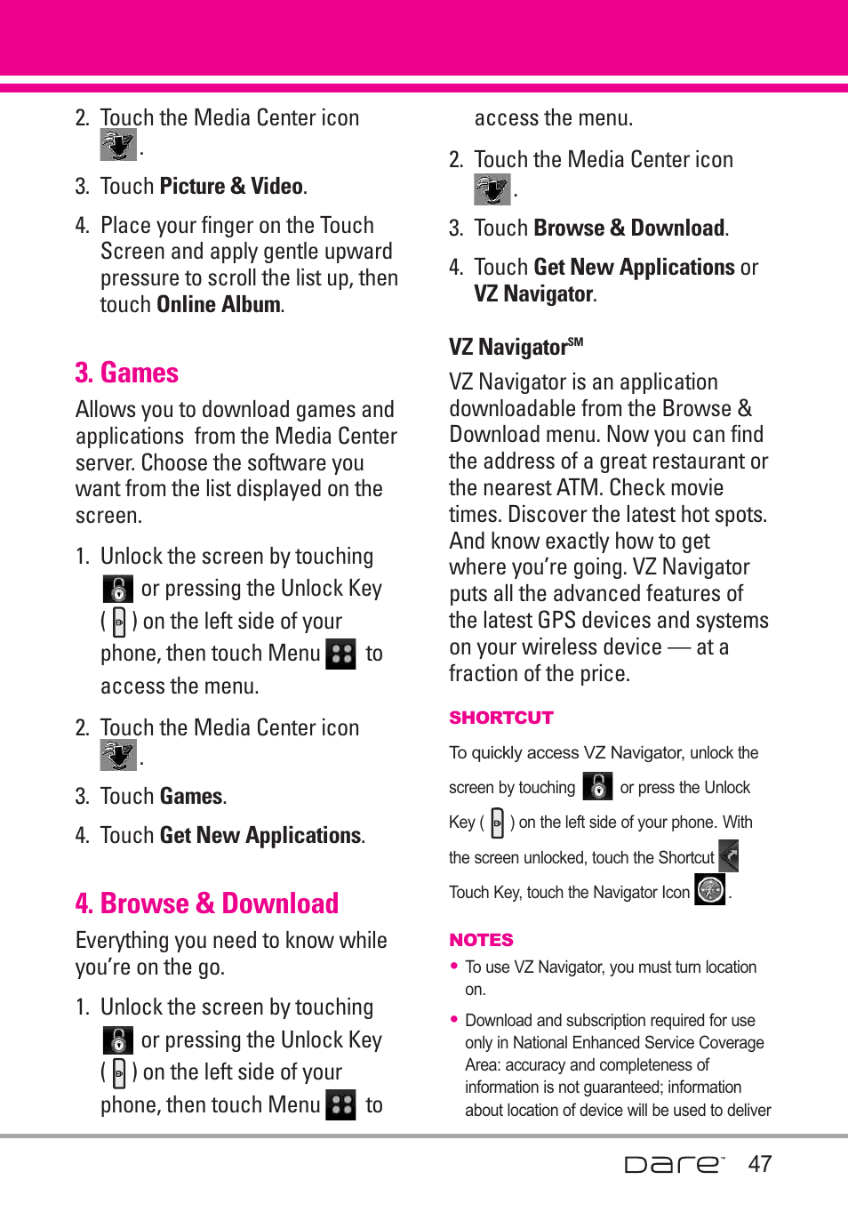 Games, Browse & download | LG Dare User Manual | Page 49 / 273