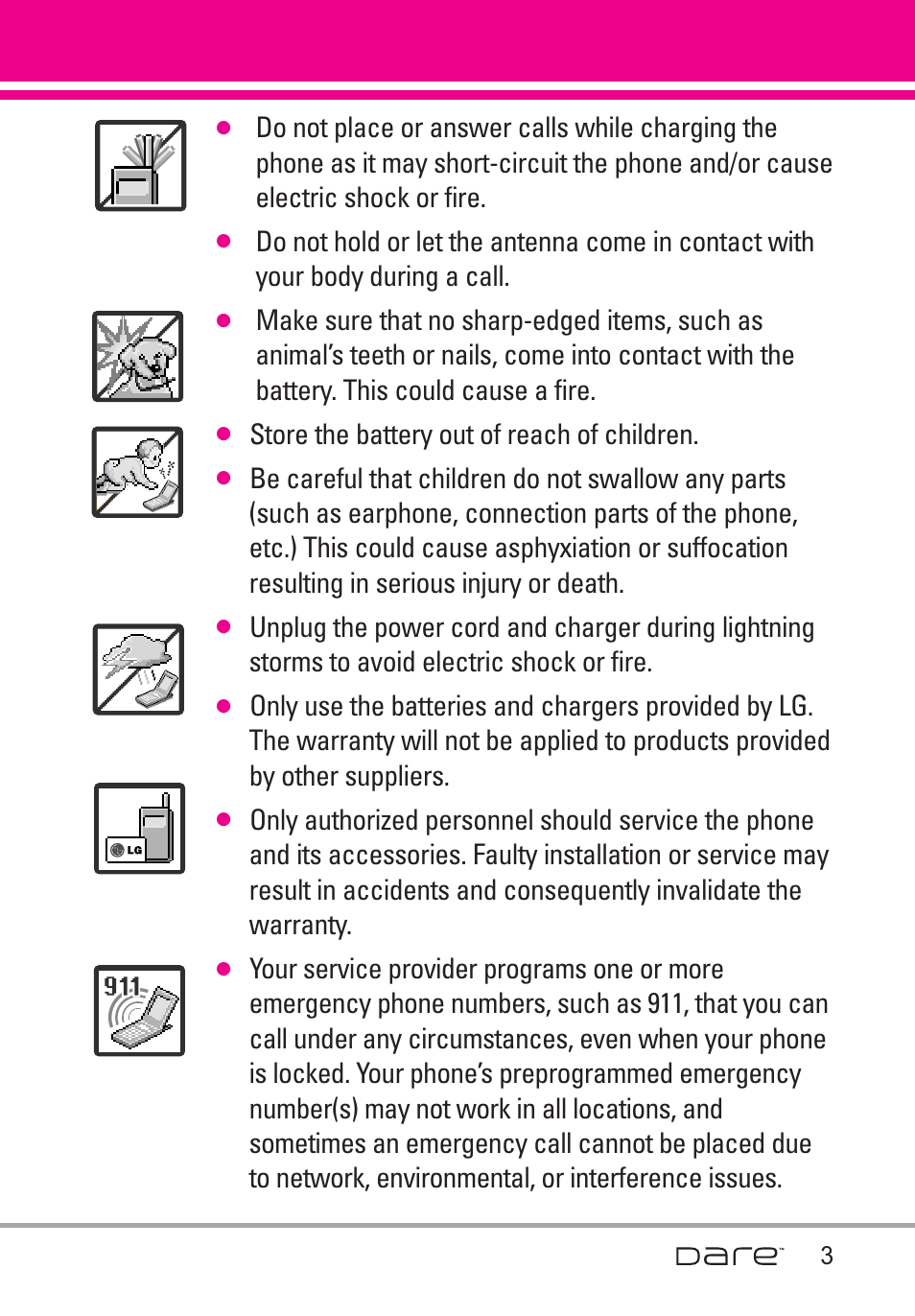 Store the battery out of reach of children | LG Dare User Manual | Page 5 / 273