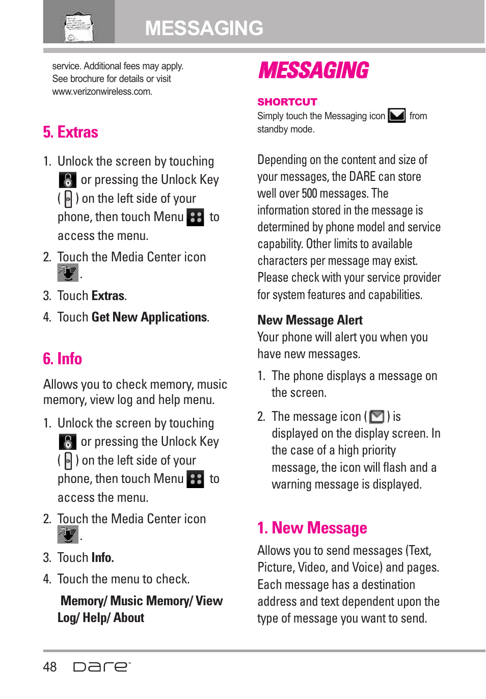 Extras, Info, Messaging | New message, Mme es ss sa ag giin ng g | LG Dare User Manual | Page 50 / 273