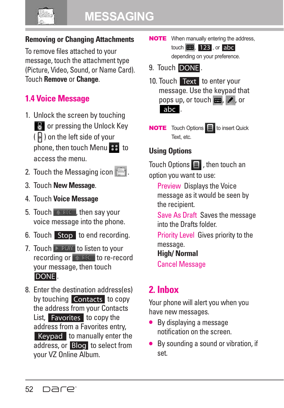 4 voice message, Inbox, Messaging | LG Dare User Manual | Page 54 / 273