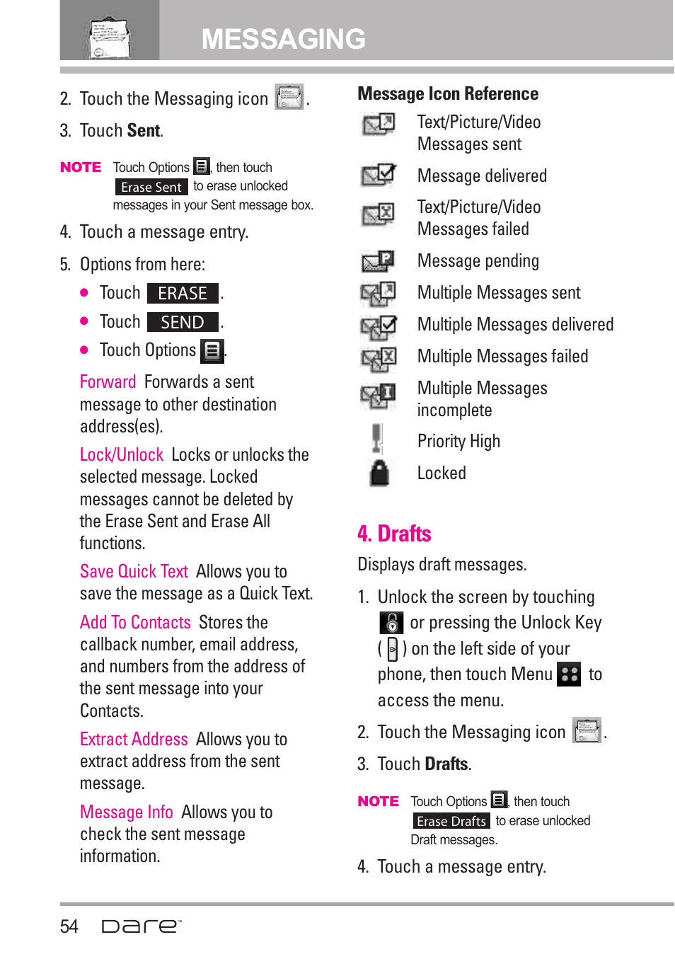Drafts, Messaging | LG Dare User Manual | Page 56 / 273
