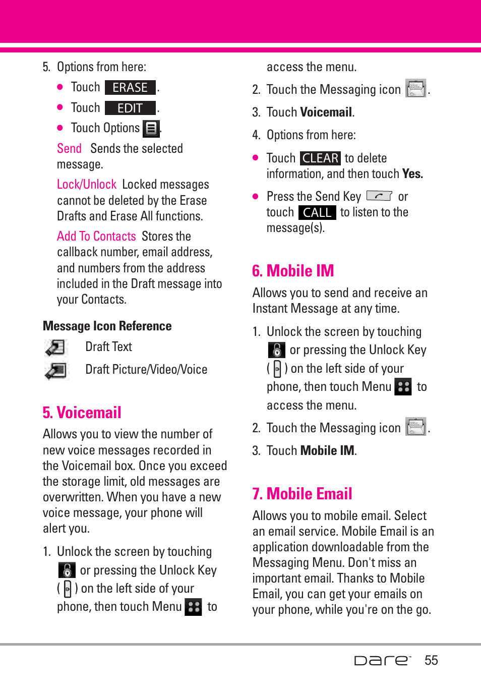 Voicemail, Mobile im, Mobile email | LG Dare User Manual | Page 57 / 273
