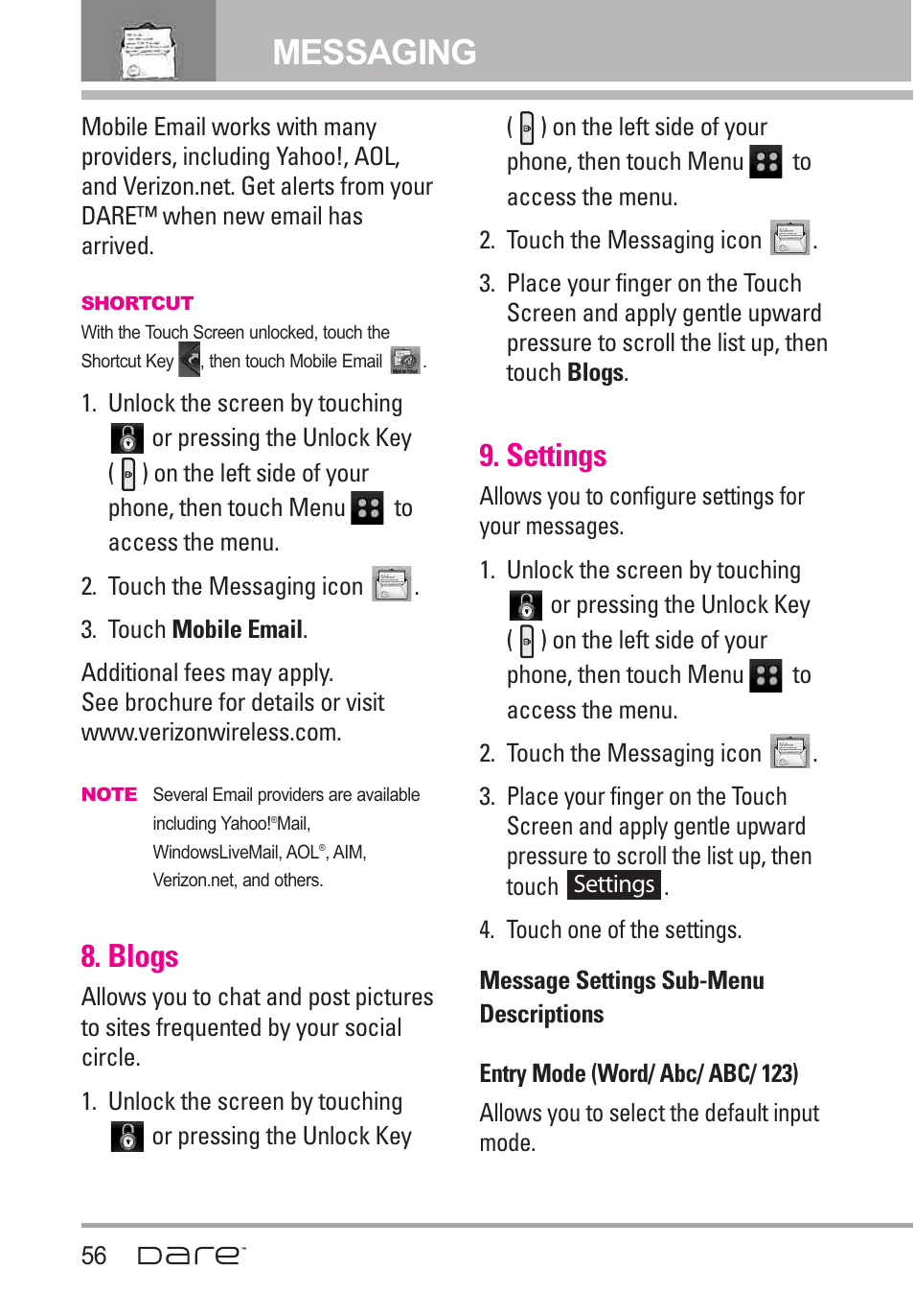 Blogs, Settings, Messaging | LG Dare User Manual | Page 58 / 273