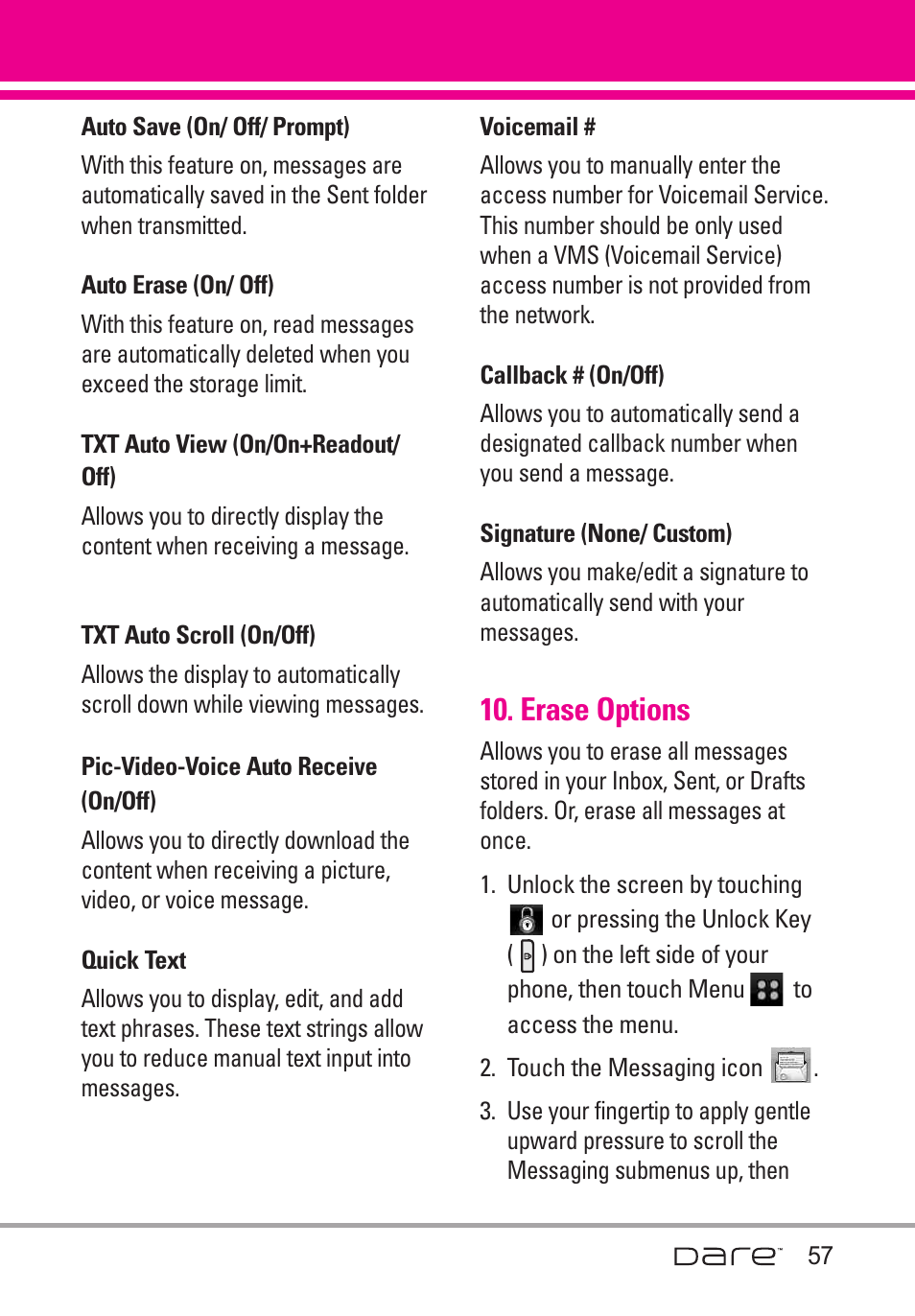 Erase options | LG Dare User Manual | Page 59 / 273