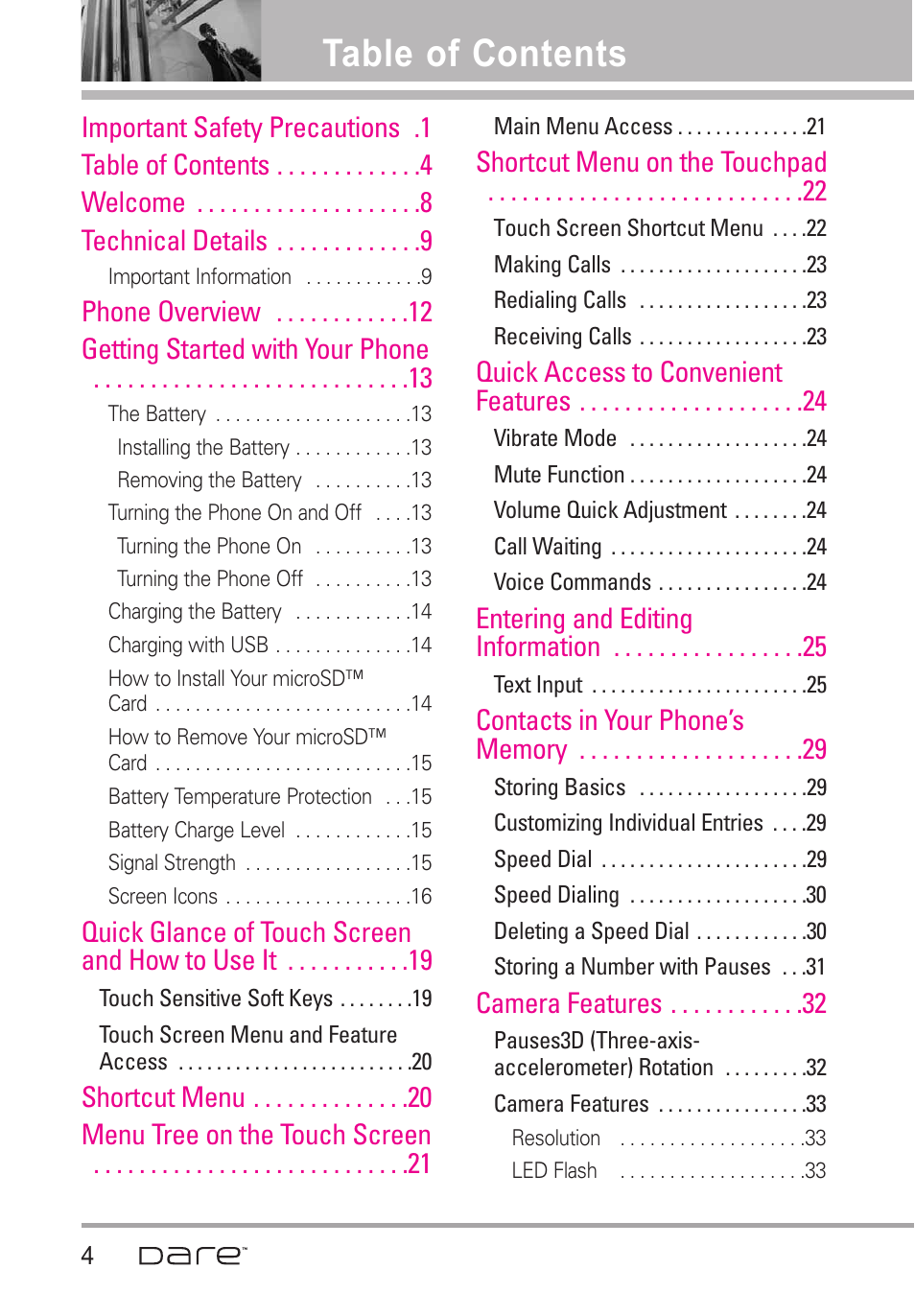 LG Dare User Manual | Page 6 / 273