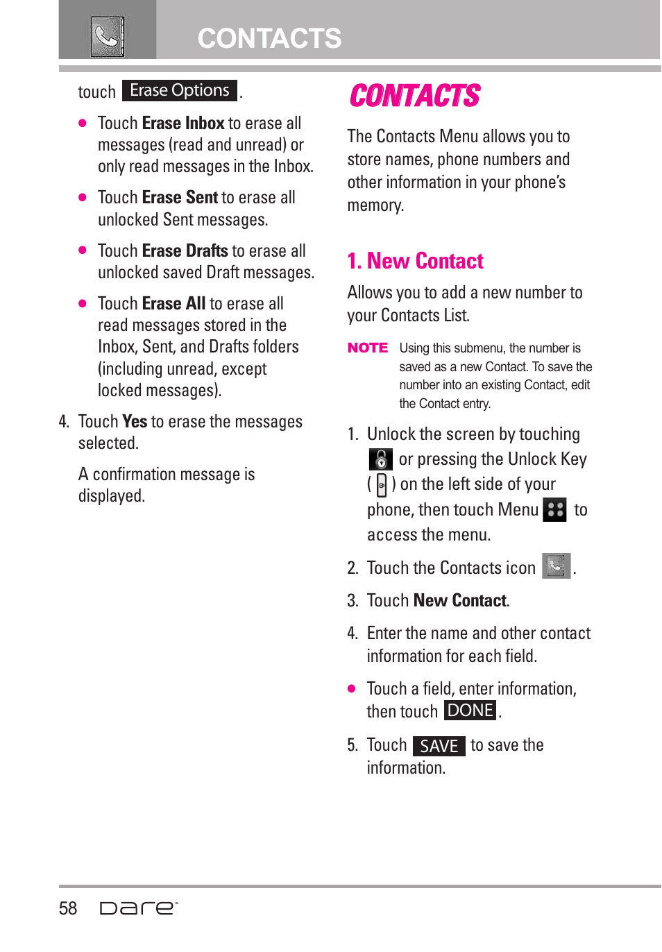 Contacts, New contact, Cco on nt ta ac ct ts s | LG Dare User Manual | Page 60 / 273