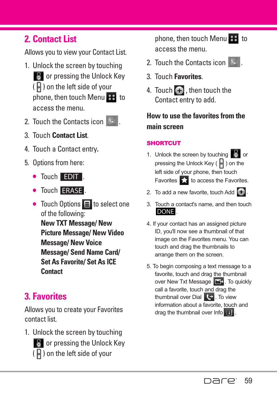 Contact list, Favorites | LG Dare User Manual | Page 61 / 273