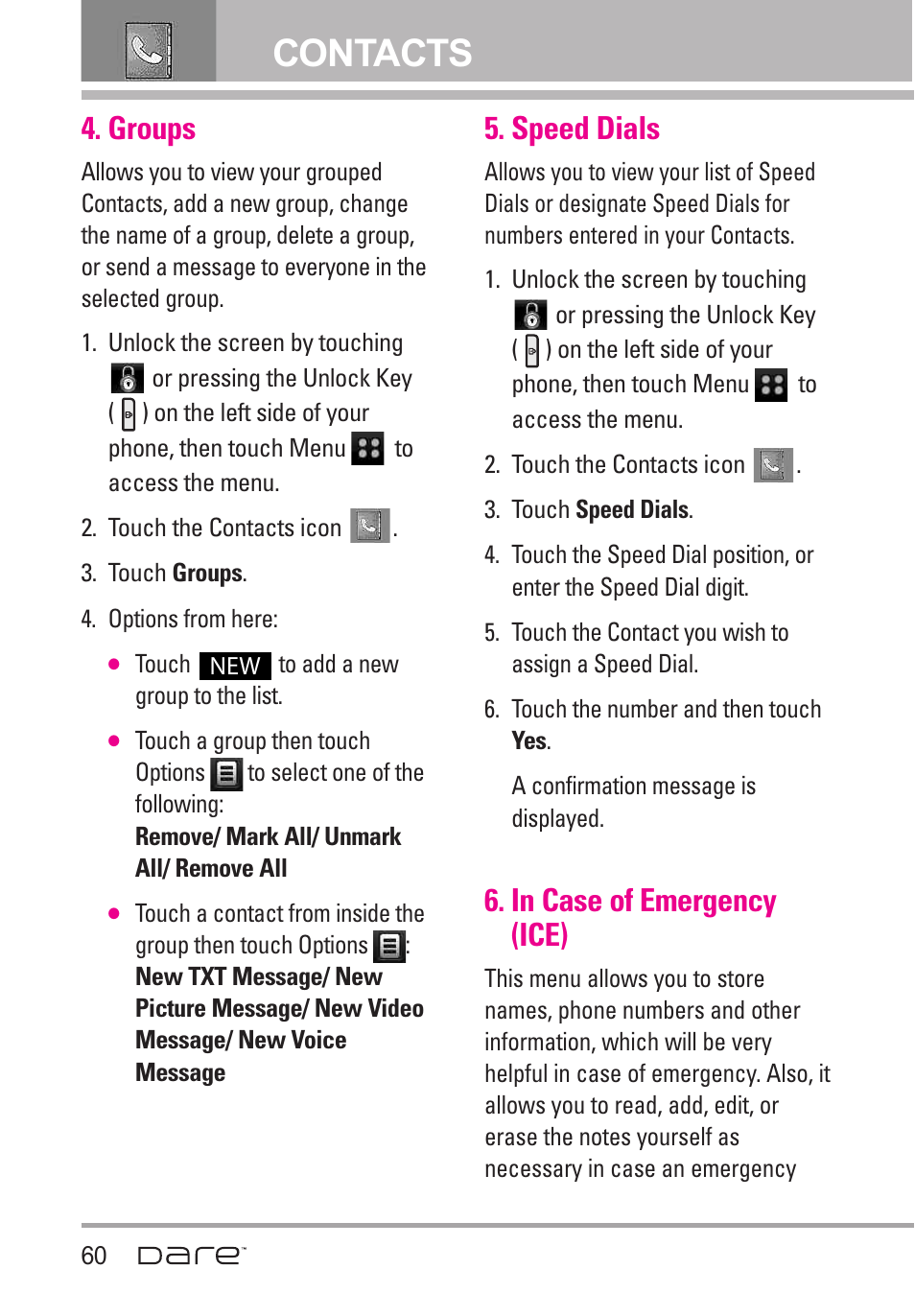 Groups, Speed dials, In case of emergency (ice) | Contacts | LG Dare User Manual | Page 62 / 273