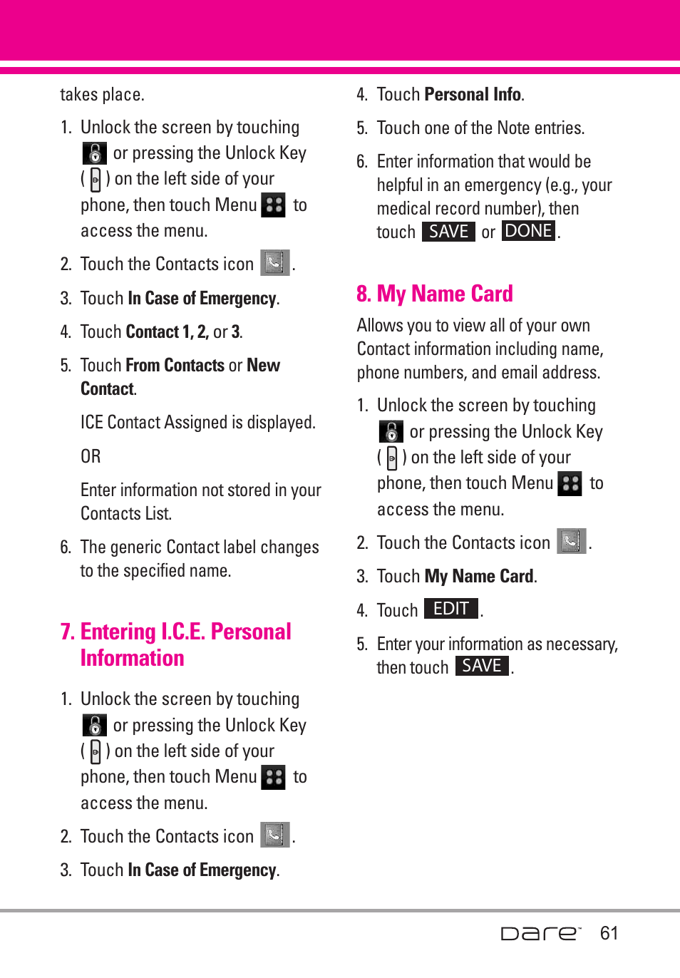 entering i.c.e. personal, My name card, Entering i.c.e. personal information | LG Dare User Manual | Page 63 / 273