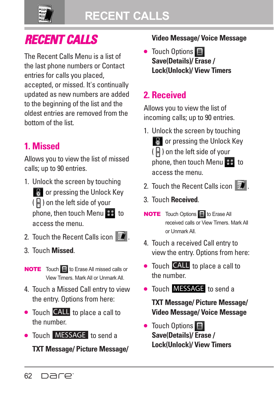 Recent calls, Missed, Received | LG Dare User Manual | Page 64 / 273