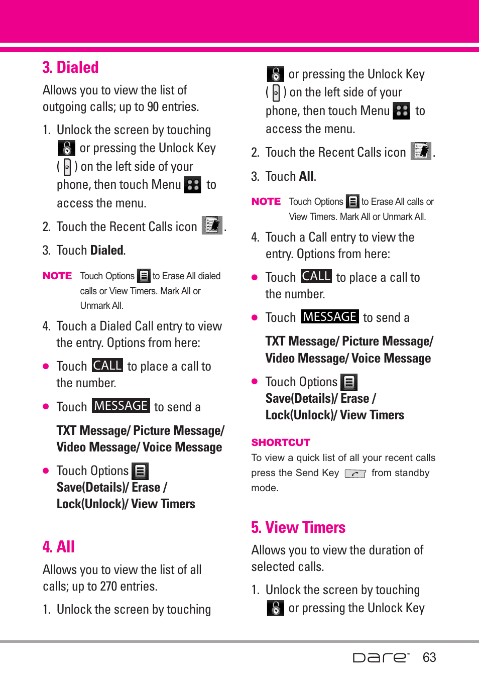 Dialed, View timers | LG Dare User Manual | Page 65 / 273