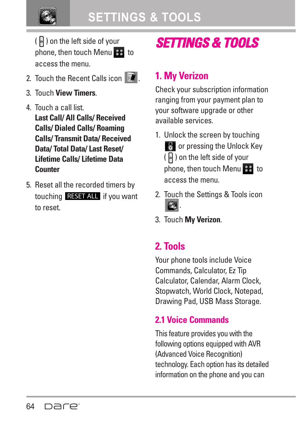 Settings & tools, My verizon, Tools | 1 voice commands, Sse et tt tiin ng gs s & & t to oo olls s | LG Dare User Manual | Page 66 / 273