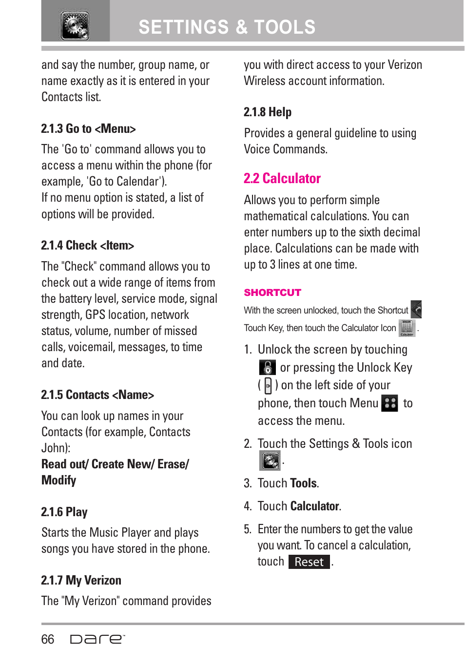 2 calculator, Settings & tools | LG Dare User Manual | Page 68 / 273