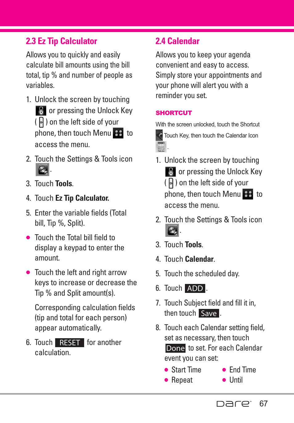3 ez tip calculator, 4 calendar | LG Dare User Manual | Page 69 / 273