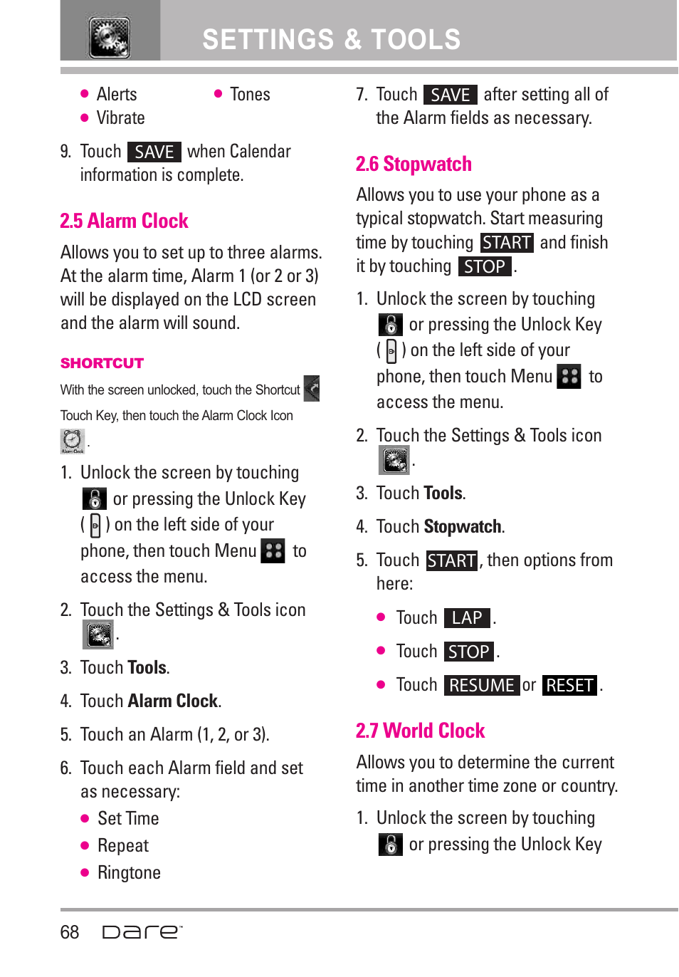 5 alarm clock, 6 stopwatch, 7 world clock | Settings & tools | LG Dare User Manual | Page 70 / 273