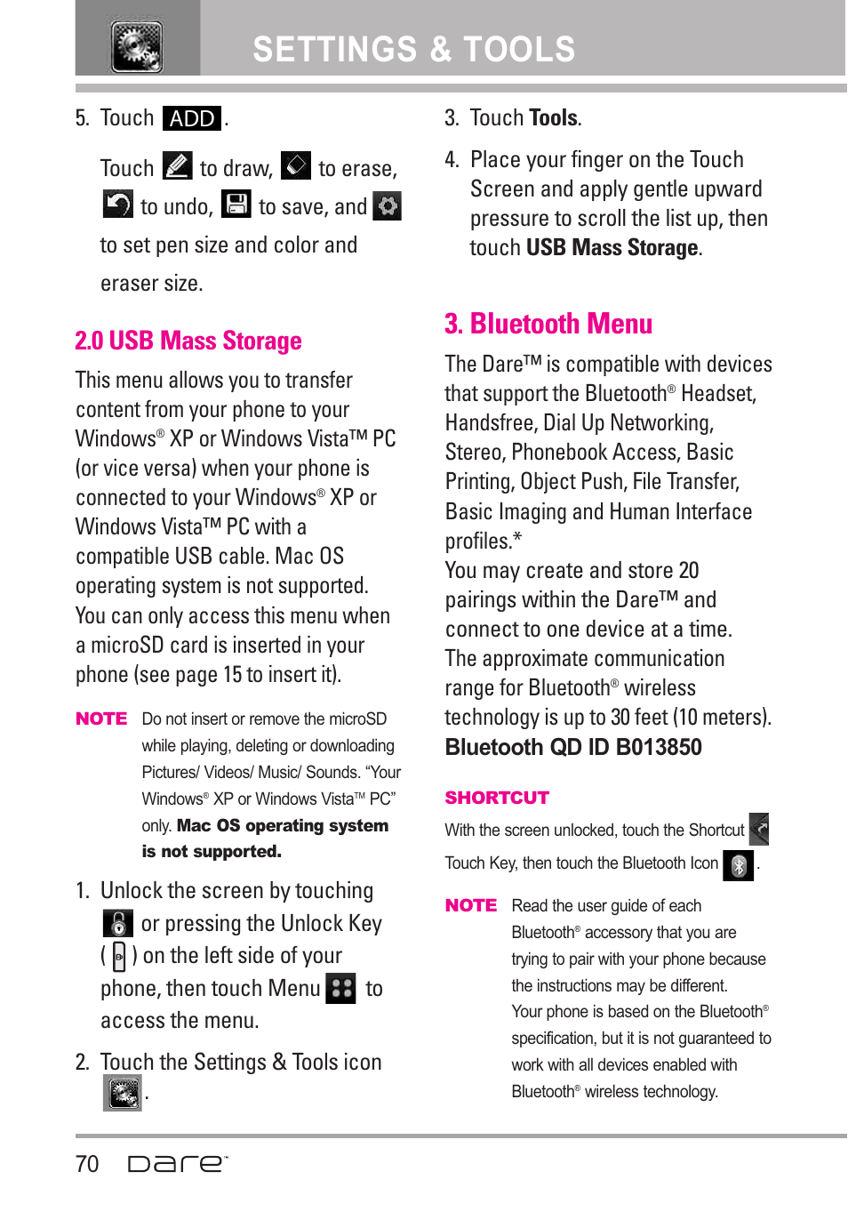 0 usb mass storage, Bluetooth menu, Settings & tools | LG Dare User Manual | Page 72 / 273