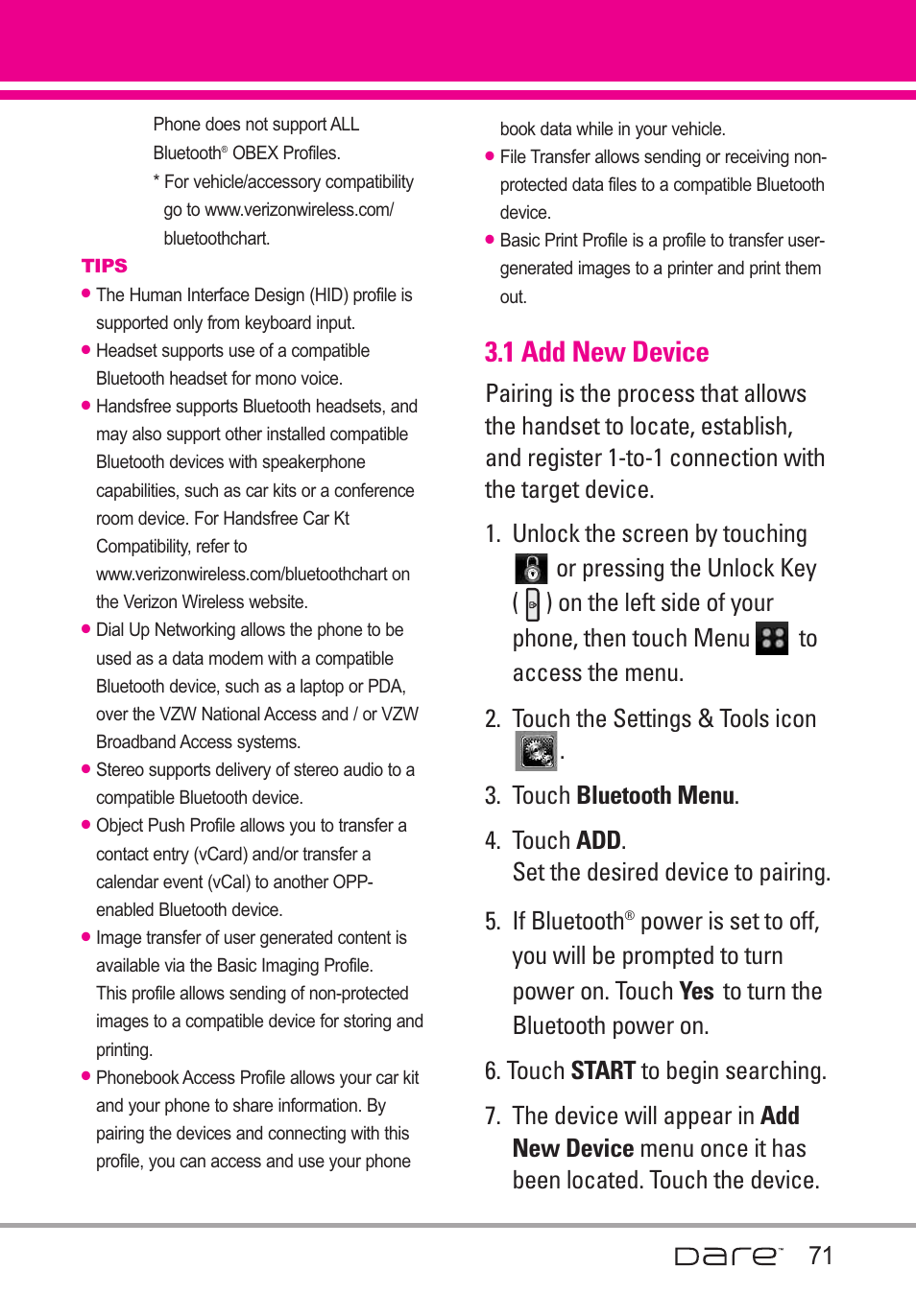 1 add new device | LG Dare User Manual | Page 73 / 273