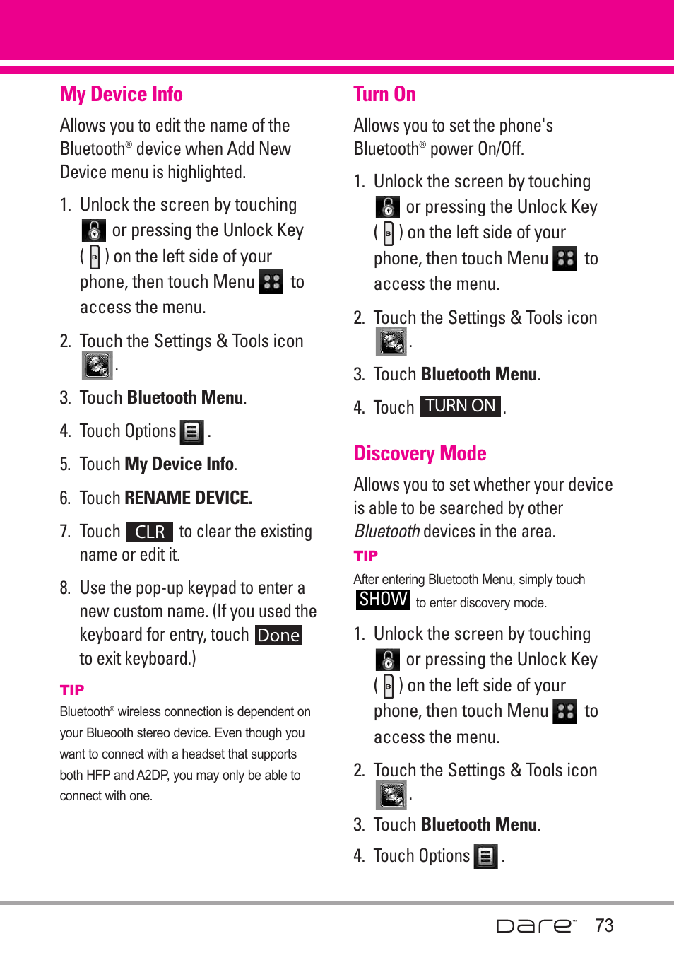 My device info, Turn on, Discovery mode | LG Dare User Manual | Page 75 / 273