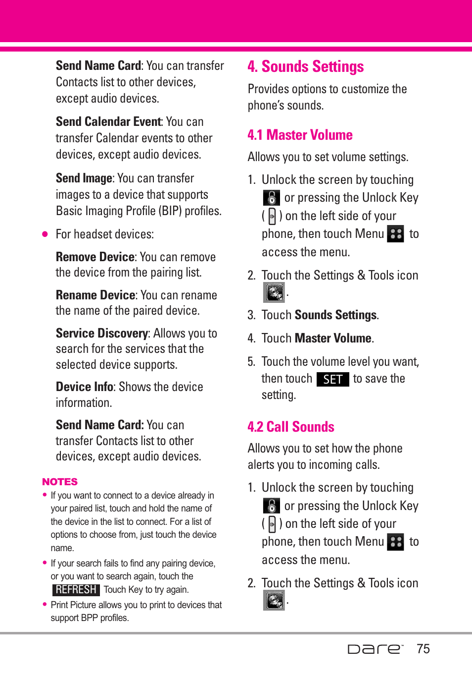 Sounds settings, 1 master volume, 2 call sounds | LG Dare User Manual | Page 77 / 273