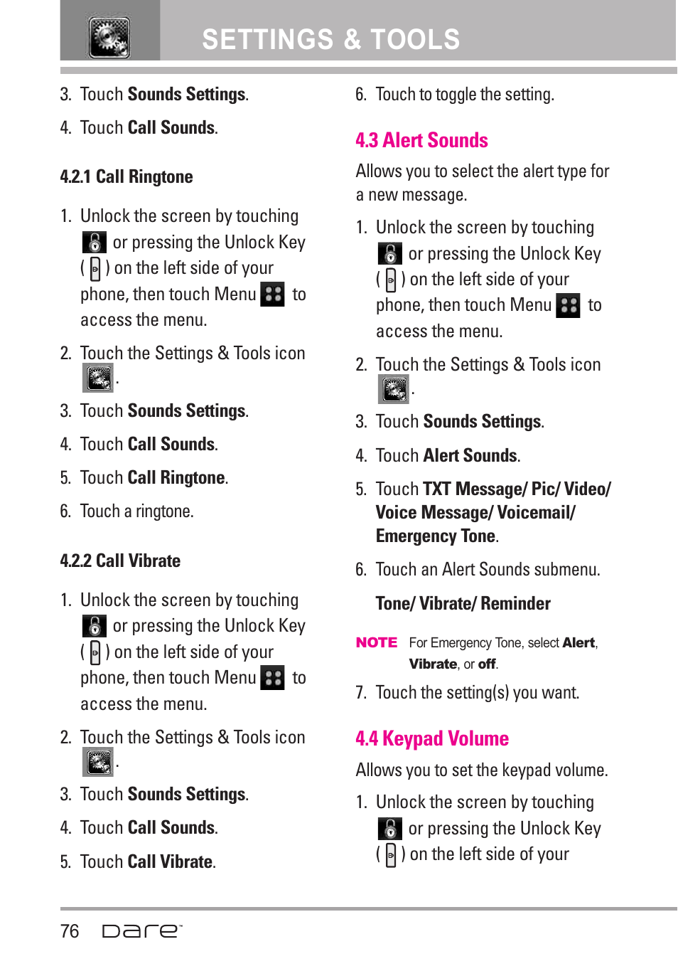 3 alert sounds, 4 keypad volume, Settings & tools | LG Dare User Manual | Page 78 / 273