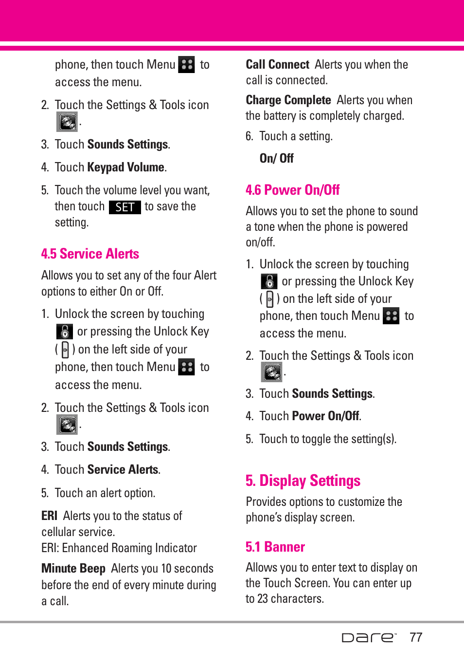 5 service alerts, 6 power on/off, Display settings | 1 banner | LG Dare User Manual | Page 79 / 273