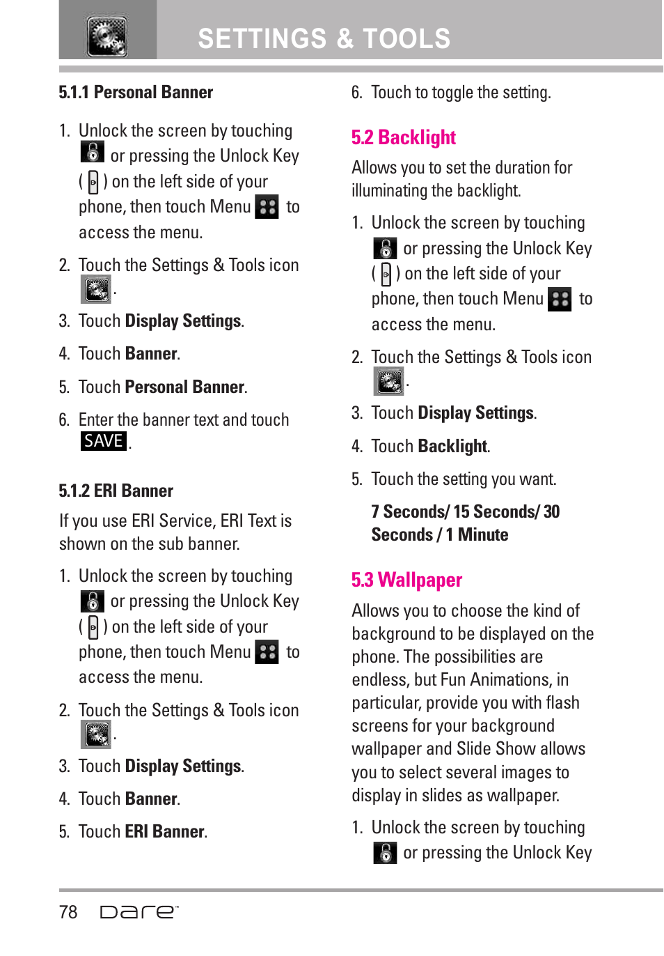 2 backlight, 3 wallpaper, Settings & tools | LG Dare User Manual | Page 80 / 273