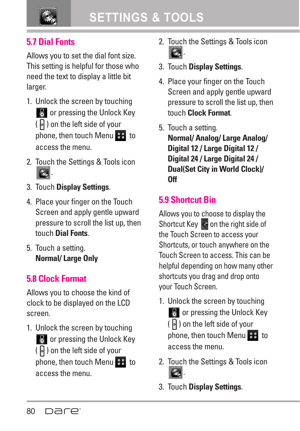 7 dial fonts, 8 clock format, 9 shortcut bin | Settings & tools | LG Dare User Manual | Page 82 / 273