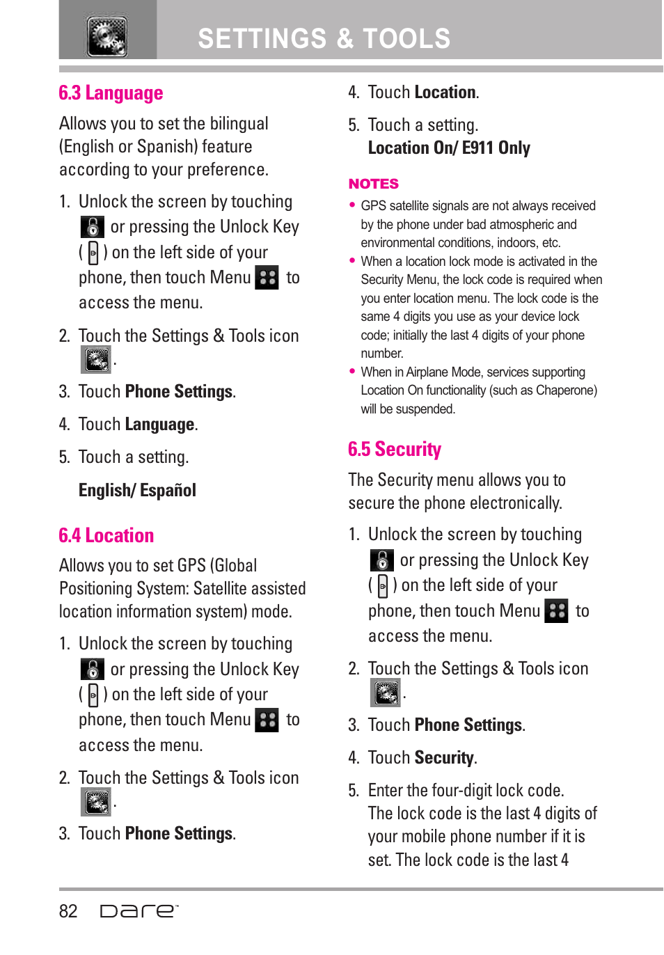 3 language, 4 location, 5 security | Settings & tools | LG Dare User Manual | Page 84 / 273