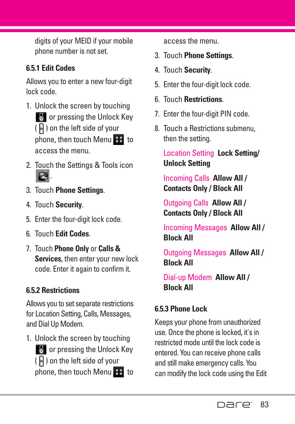 LG Dare User Manual | Page 85 / 273