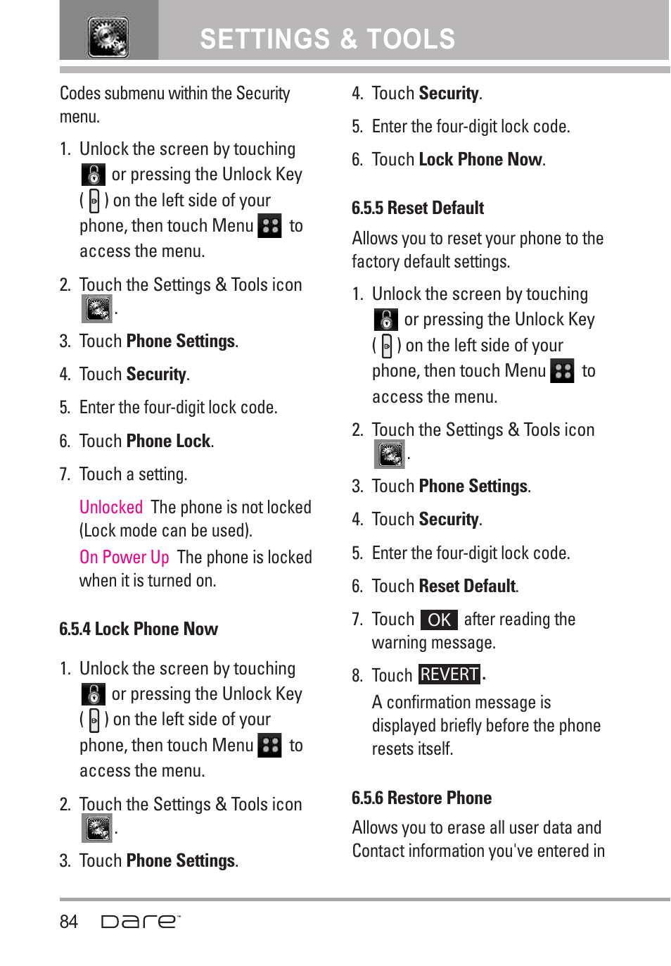 Settings & tools | LG Dare User Manual | Page 86 / 273
