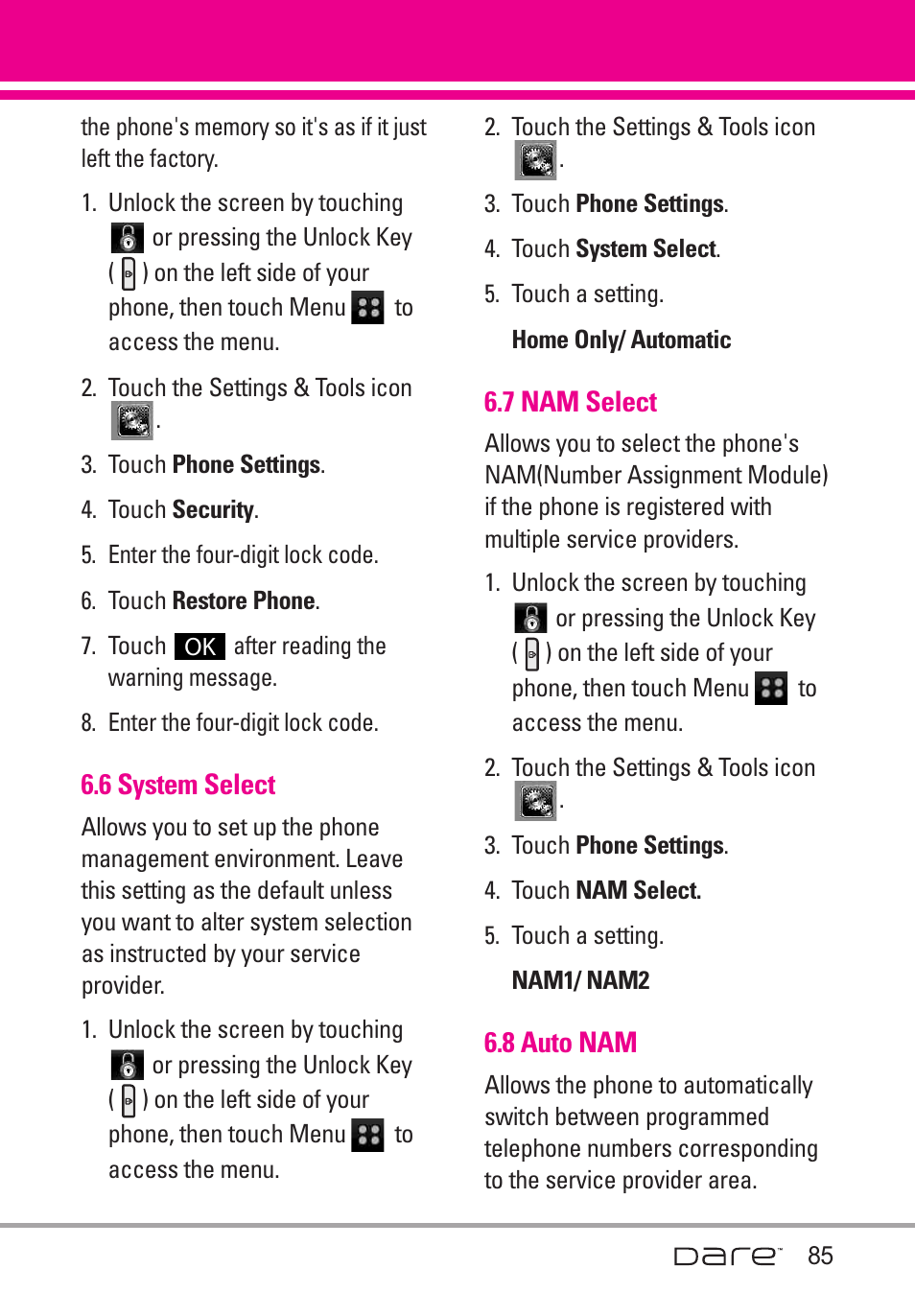 6 system select, 7 nam select, 8 auto nam | LG Dare User Manual | Page 87 / 273