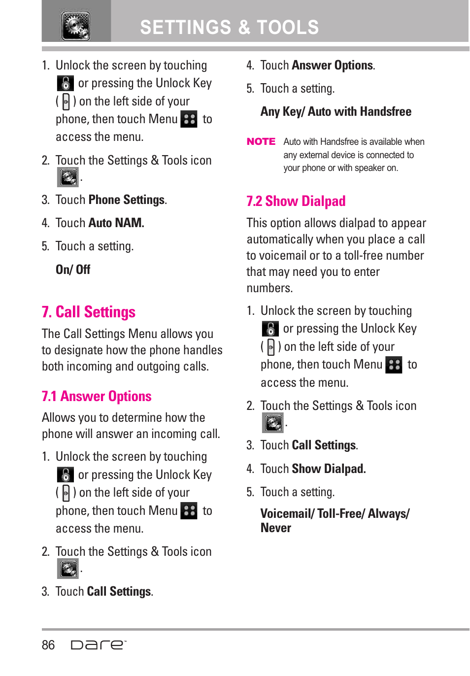 Call settings, 1 answer options, 2 show dialpad | Settings & tools | LG Dare User Manual | Page 88 / 273