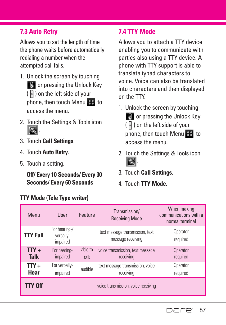 3 auto retry, 4 tty mode | LG Dare User Manual | Page 89 / 273