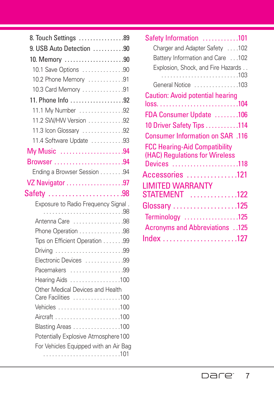 Safety, Accessories limited warranty statement glossary, Index 7 | LG Dare User Manual | Page 9 / 273