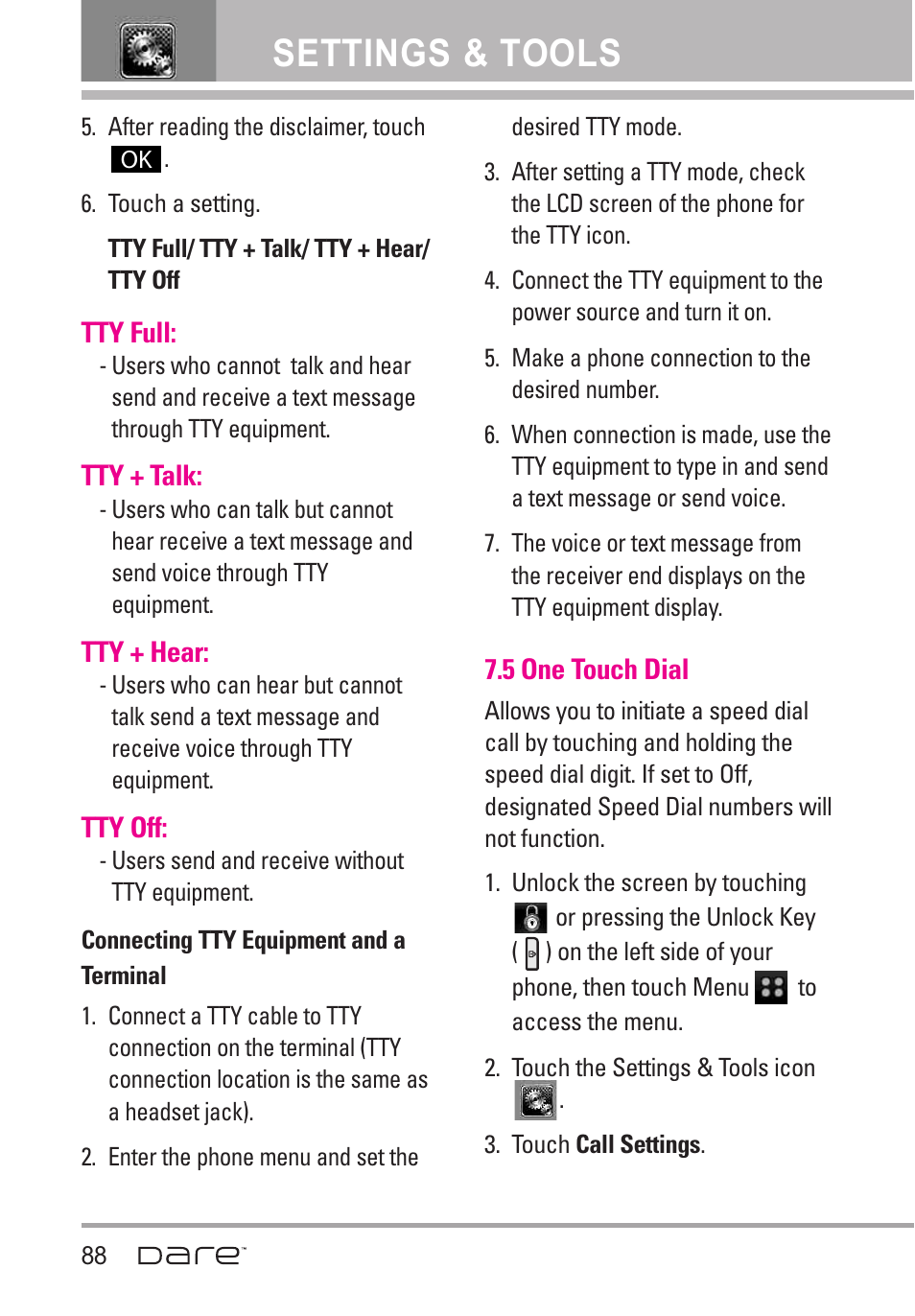 5 one touch dial, Settings & tools | LG Dare User Manual | Page 90 / 273